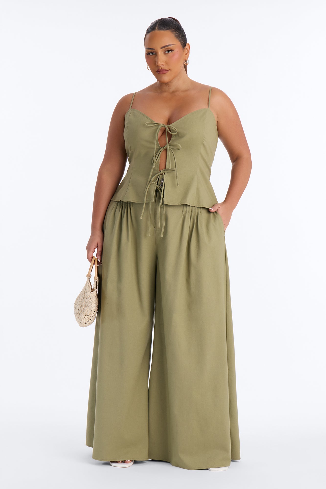 Nikki Tie Front Pleated Pant Set - Olive