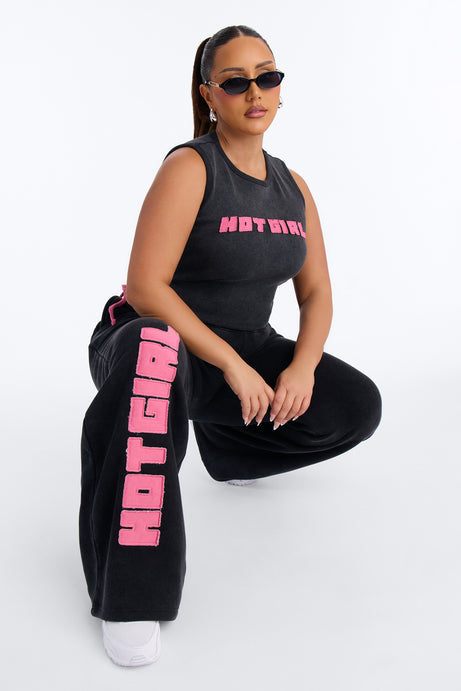 So Hot Washed Fleece Pant Set - Black/Pink