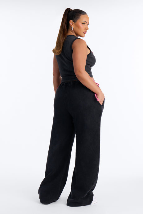 So Hot Washed Fleece Pant Set - Black/Pink