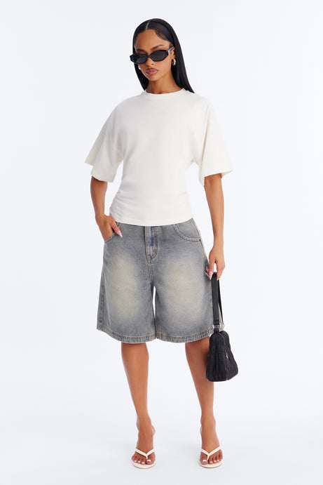 Nora Crew Neck Ruched Short Sleeve T-Shirt - Cream