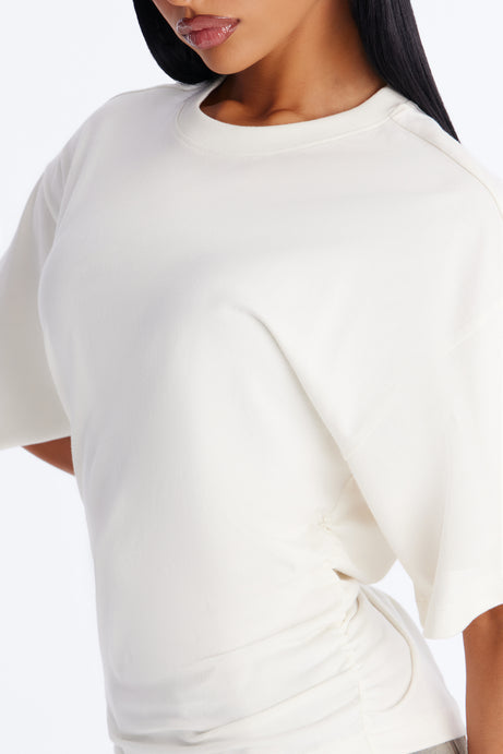Nora Crew Neck Ruched Short Sleeve T-Shirt - Cream