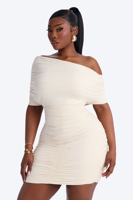 Second Skin Double Lined Off Shoulder Ruched Mini Dress - Bone