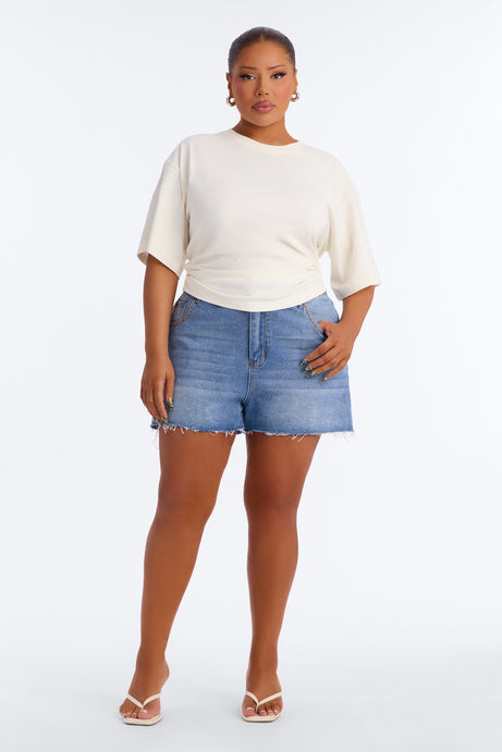 Nora Crew Neck Ruched Short Sleeve T-Shirt - Cream