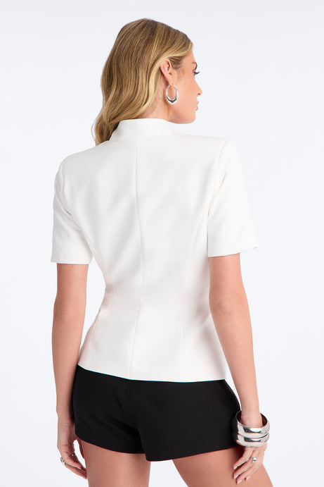 Gemini Dreams Stand Collar Short Sleeve Blazer - White