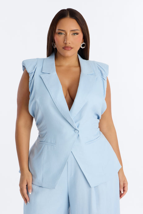 Nhulla Sleeveless Ruched Linen Blazer - Blue