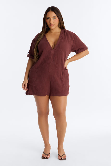 Meg Casual Gauze Romper - Chocolate
