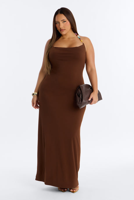 Leila Beaded Halter Maxi Dress - Brown