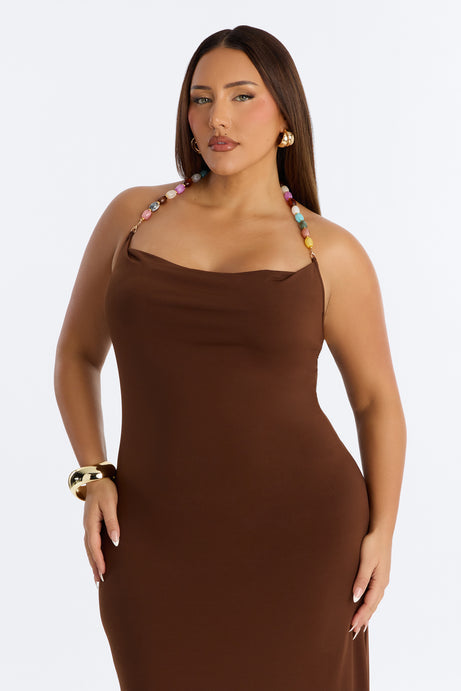 Leila Beaded Halter Maxi Dress - Brown
