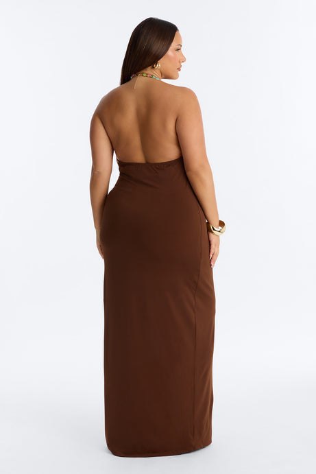 Leila Beaded Halter Maxi Dress - Brown