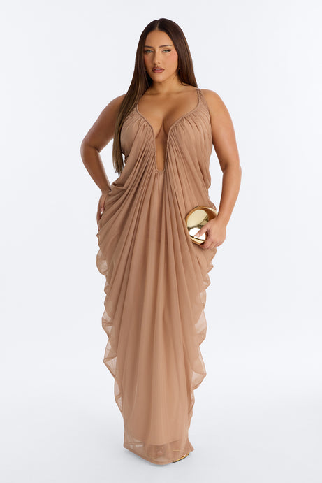 Hailey Draped Mesh Maxi Dress - Mocha