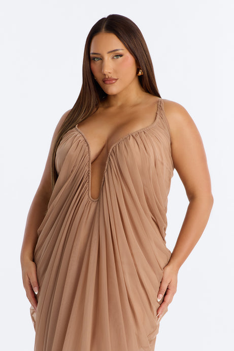 Hailey Draped Mesh Maxi Dress - Mocha