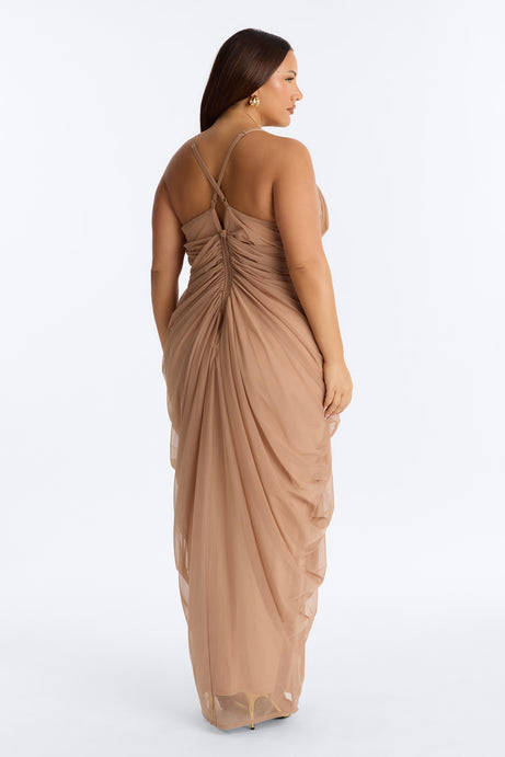 Hailey Draped Mesh Maxi Dress - Mocha