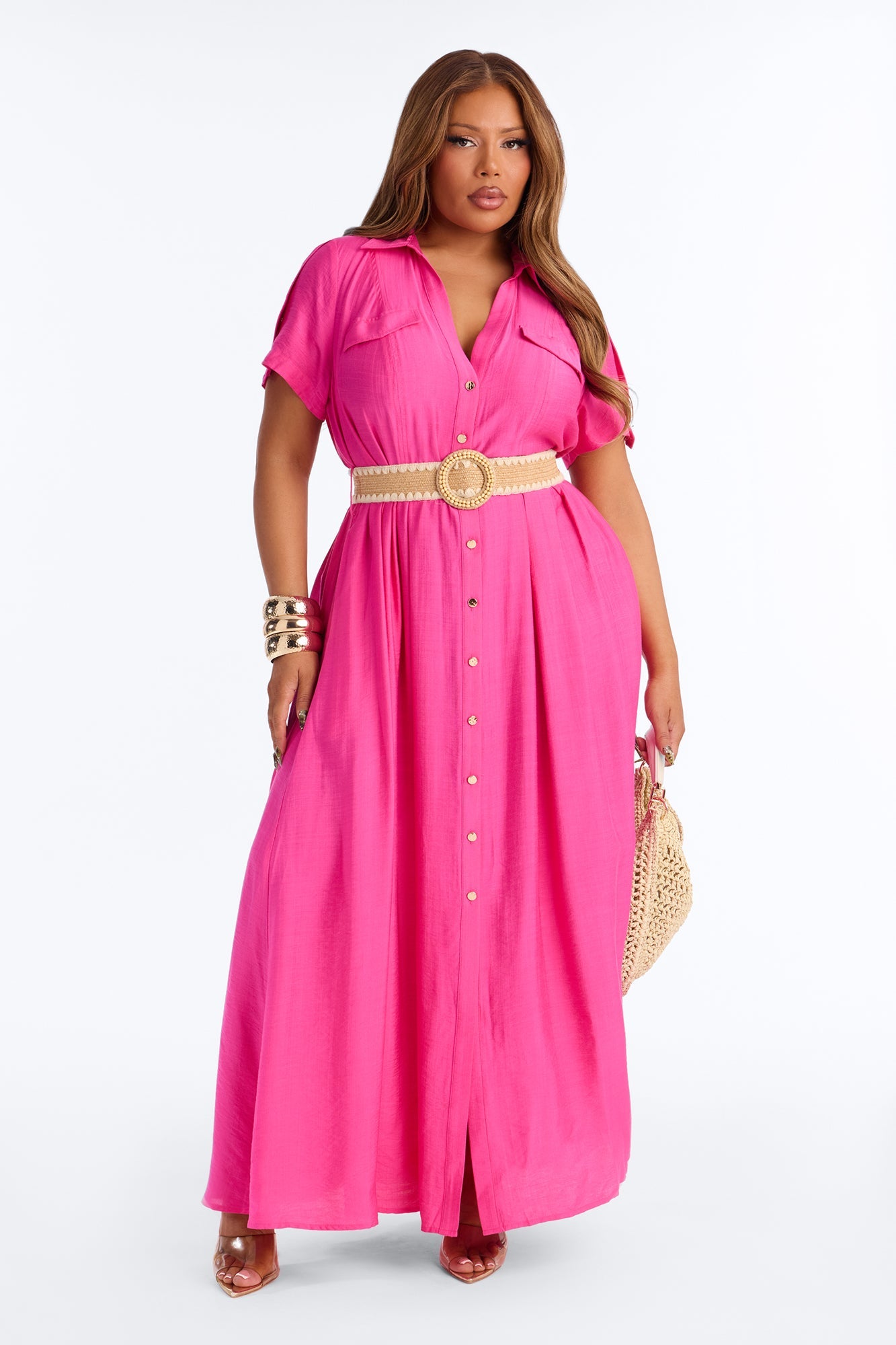 Laurel Linen Maxi Shirt Dress - HotPink