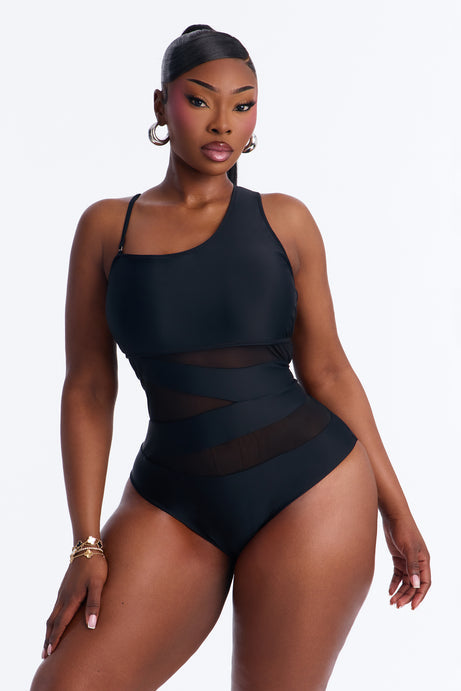 Always Sunny Asymmetrical Mesh Cutout 1 Piece Swimsuit - Black