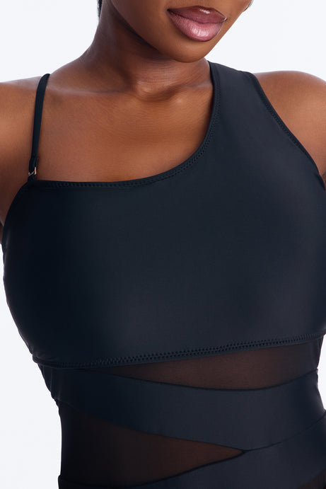 Always Sunny Asymmetrical Mesh Cutout 1 Piece Swimsuit - Black