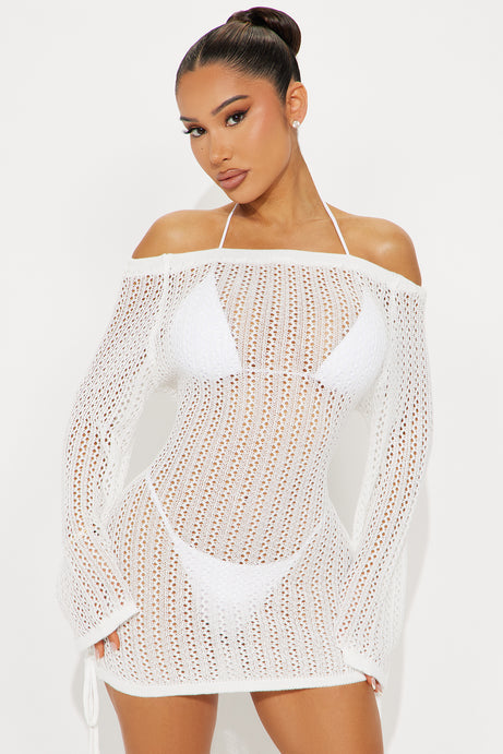 Tropical Skies Off Shoulder Ruched Cover Up Mini Dress - White
