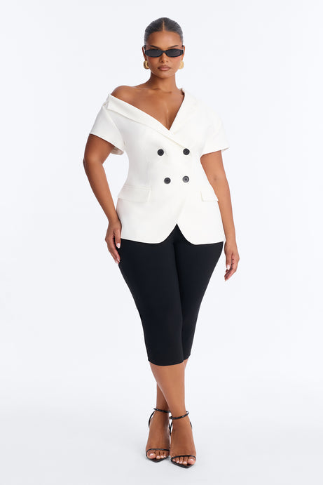 Valerie Asymmetrical Neckline Short Sleeve Blazer - White