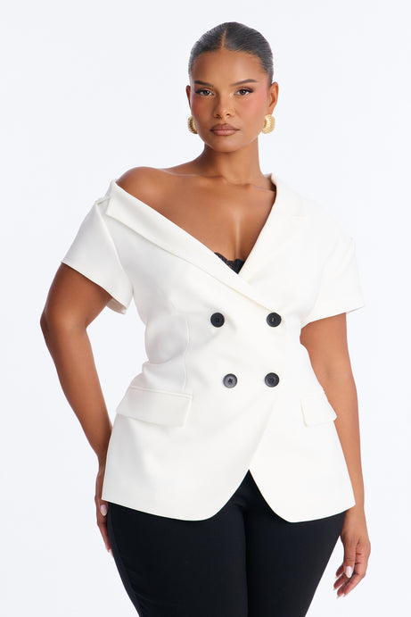 Valerie Asymmetrical Neckline Short Sleeve Blazer - White