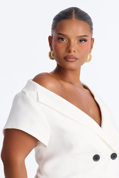 Valerie Asymmetrical Neckline Short Sleeve Blazer - White