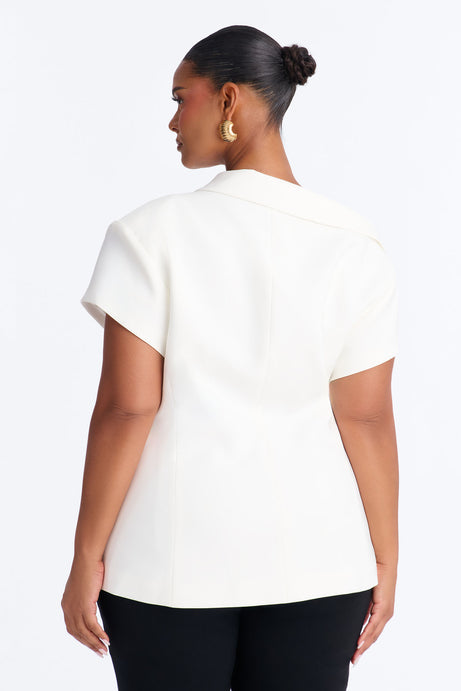 Valerie Asymmetrical Neckline Short Sleeve Blazer - White