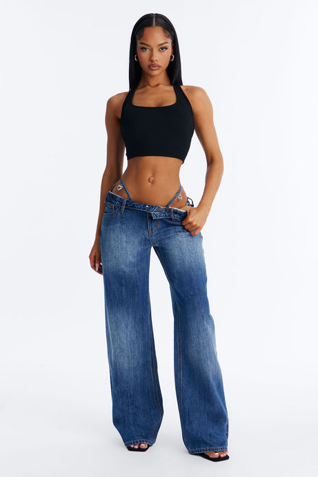 Dare Me Foldover Ultra Low Rise Thong Charm Jeans - Dark Wash