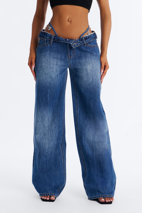 Dare Me Foldover Ultra Low Rise Thong Charm Jeans - Dark Wash
