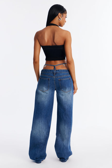 Dare Me Foldover Ultra Low Rise Thong Charm Jeans - Dark Wash