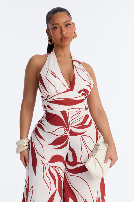 Vacation Vibe Backless Halter Jumpsuit - Rust