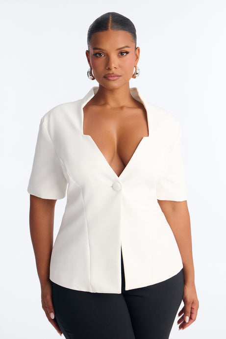 Gemini Dreams Stand Collar Short Sleeve Blazer - White