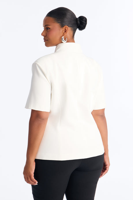 Gemini Dreams Stand Collar Short Sleeve Blazer - White