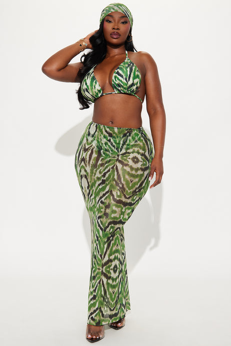 Selena 4 Piece Bikini Maxi Skirt & Headscarf Set - Green/combo