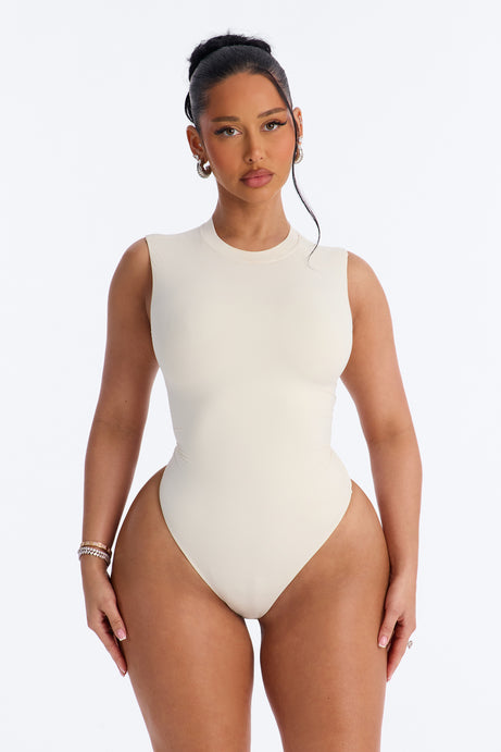 Second Skin Double Lined Mock Neck Sleeveless Bodysuit - Bone