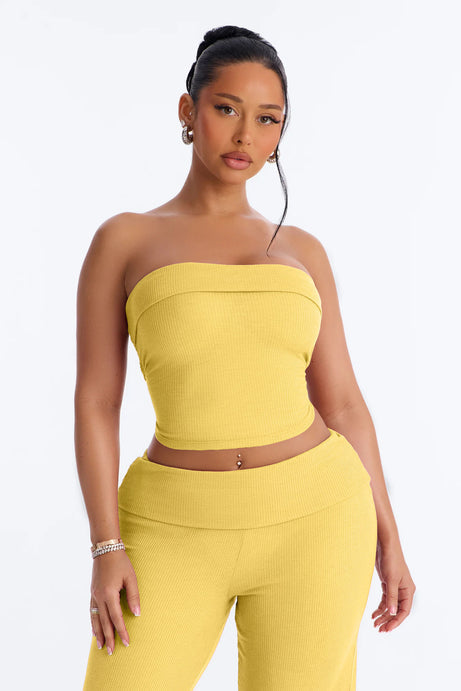 Megan Waffle Knit Foldover Waist Pant Set - Yellow