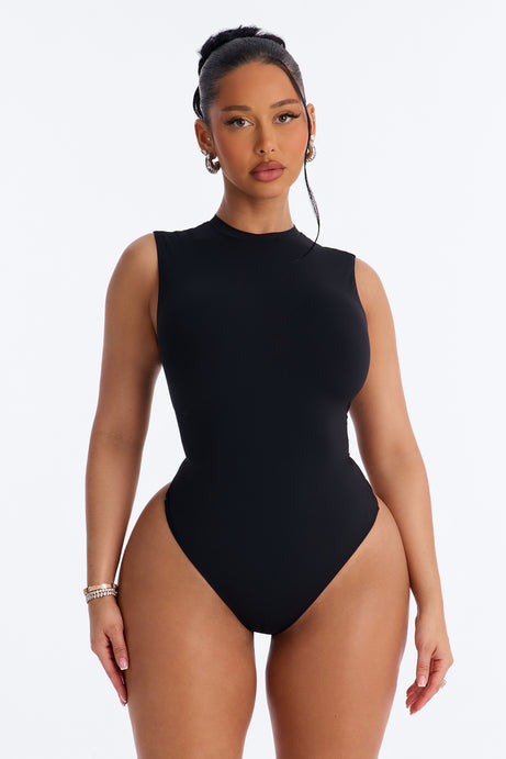 Second Skin Double Lined Mock Neck Sleeveless Bodysuit - Black