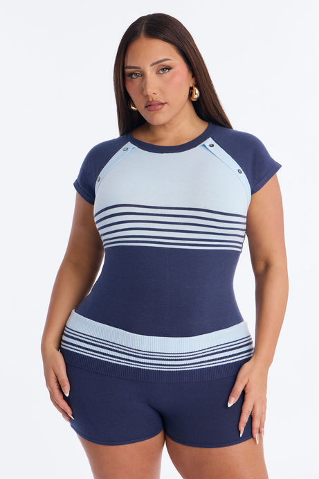 Elle Short Sleeve Striped Romper - Blue