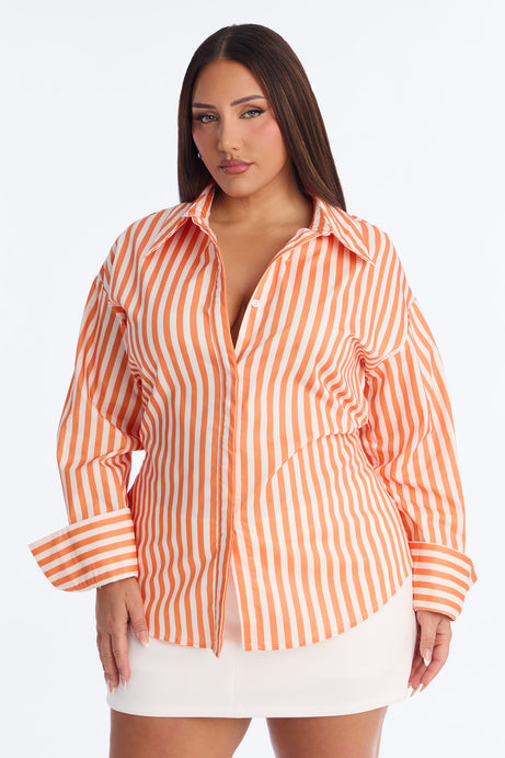 Elevated Fun Tie Back Striped Poplin Shirt - Orange/combo