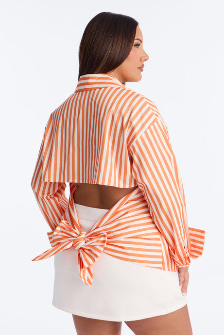 Elevated Fun Tie Back Striped Poplin Shirt - Orange/combo