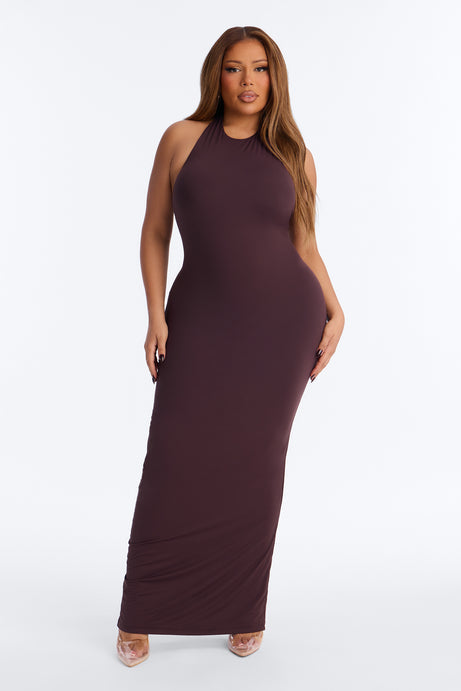 Second Skin Bra Pad Sleeveless Halter Maxi Dress - Chocolate