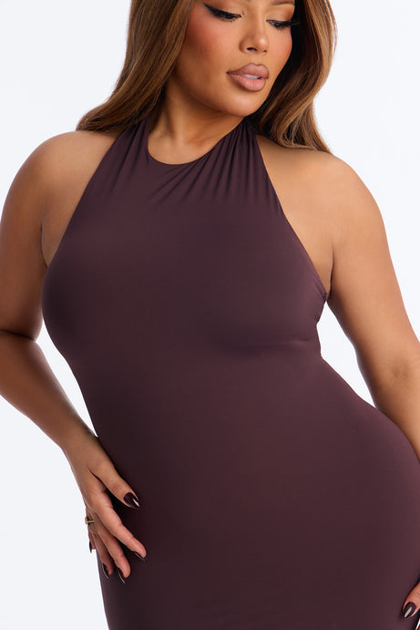 Second Skin Bra Pad Sleeveless Halter Maxi Dress - Chocolate