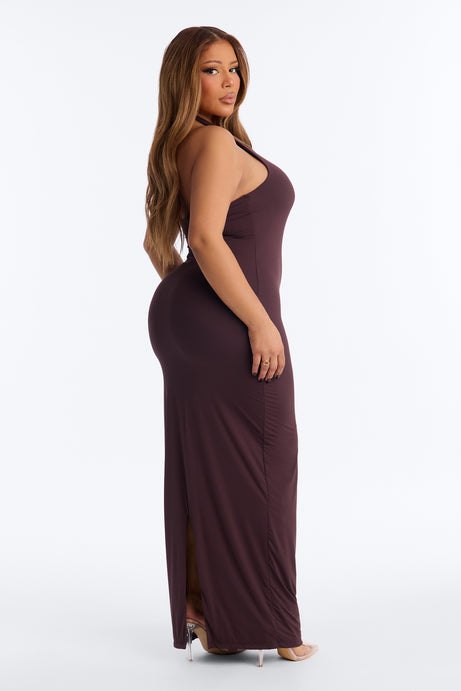 Second Skin Bra Pad Sleeveless Halter Maxi Dress - Chocolate