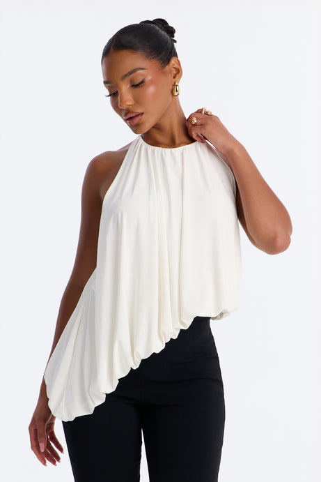Selena Ruched Asymmetrical Halter Top - White