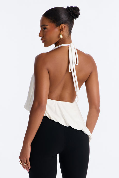 Selena Ruched Asymmetrical Halter Top - White