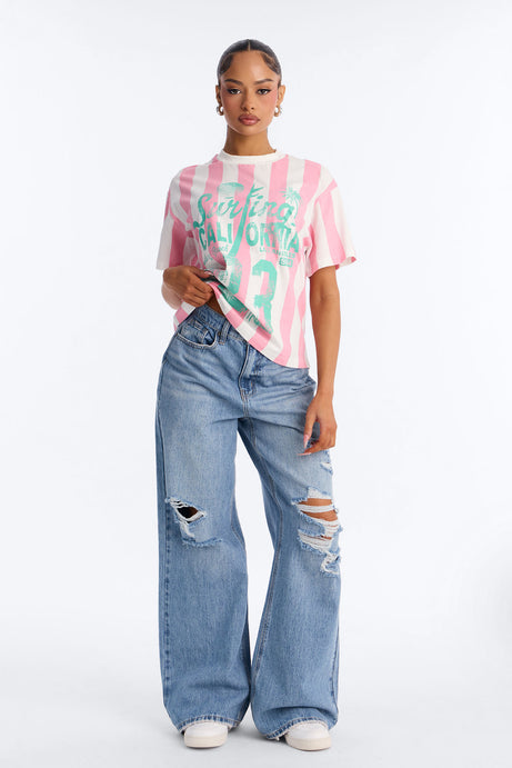 Surfing In California Stripe T Shirt - Pink/combo