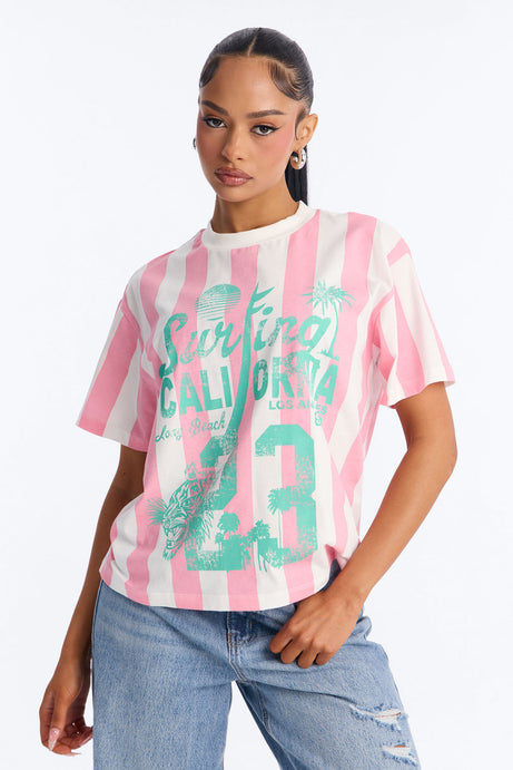 Surfing In California Stripe T Shirt - Pink/combo