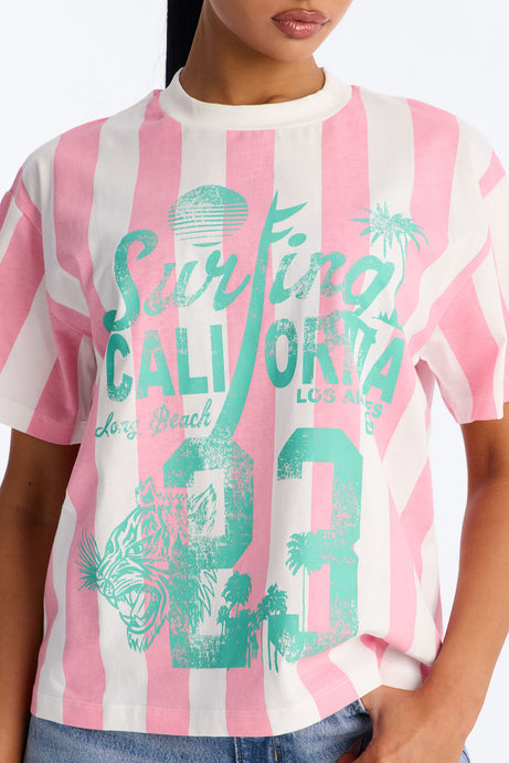 Surfing In California Stripe T Shirt - Pink/combo