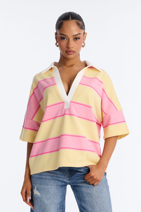 Emerson Striped Short Sleeve Polo Top - Yellow/combo