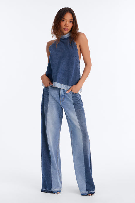 Mixed Signals Backless Denim Pant Set - Medium Wash