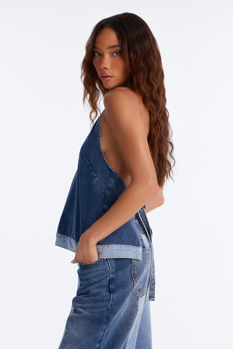 Mixed Signals Backless Denim Pant Set - Medium Wash