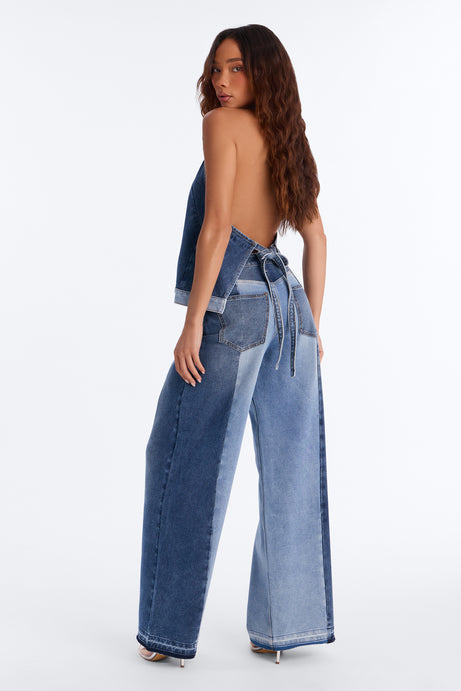 Mixed Signals Backless Denim Pant Set - Medium Wash