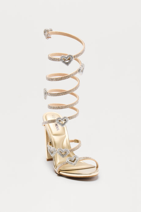 Jazz Rhinestone Heart Wrap Up Heels - Gold